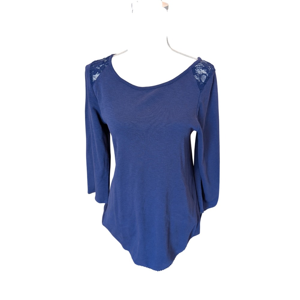 Soft Surroundings Tunic Lace Shoulder Button Back Top Blue Cotton 3/4 Sleeve XS